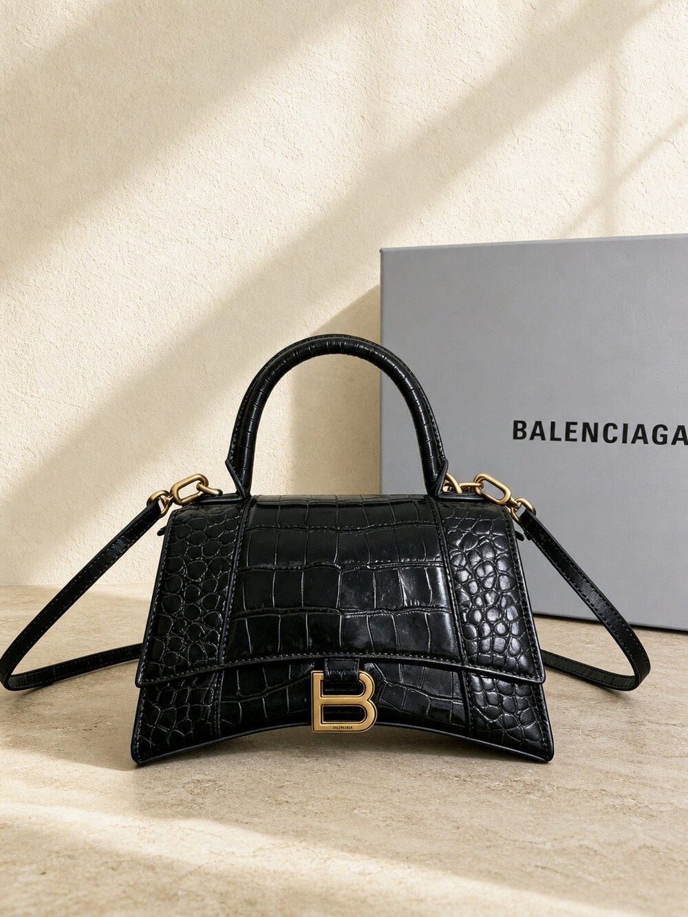 Balenciaga Hourglass Small Croc Embossed Calfskin Top Handle Bag - Picture 2 of 5